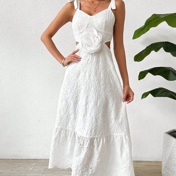 White Casual Women's Halterneck Backless Dress With Waist Tie - Picture 4 of 6